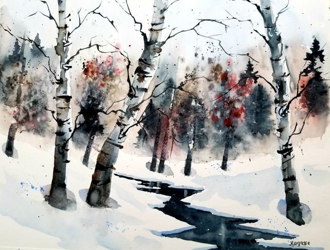 Autumn Painting, store New England painting, watercolor painting, painting, original art, birch tree painting, jim lagasse, winter landscape