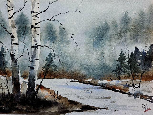 Autumn Painting, New England painting, watercolor painting, painting, original art, popular birch tree painting, jim lagasse, winter landscape,art